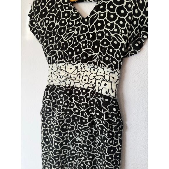 Vintage Jackie Bernard Dress Mid Length Floral Date Night Black White Womens 4 - Picture 3 of 12
